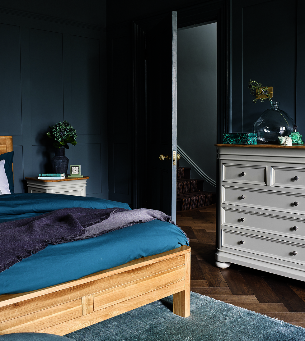 All-over teal bedroom with painted wall panels and door