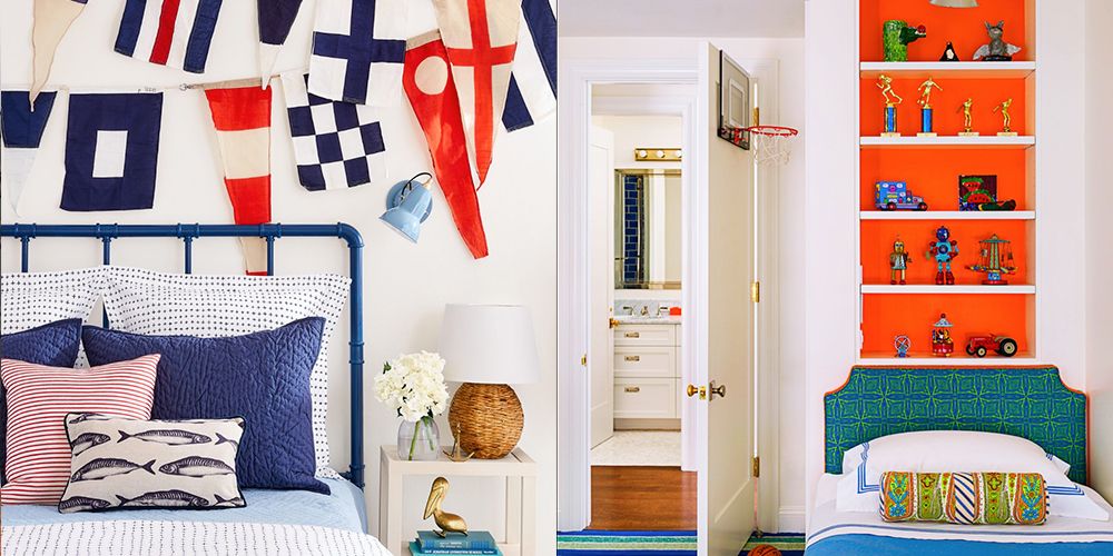 bedroom ideas, two bedrooms, one with a nautical design and the other decorated with bold patterns and shelves with trophies and toys