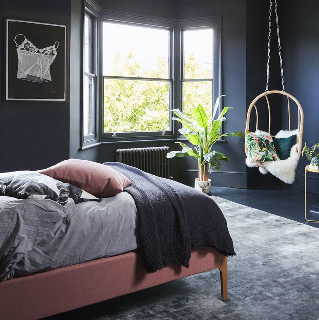 bedroom ideas  dark grey wall and hanging egg chair