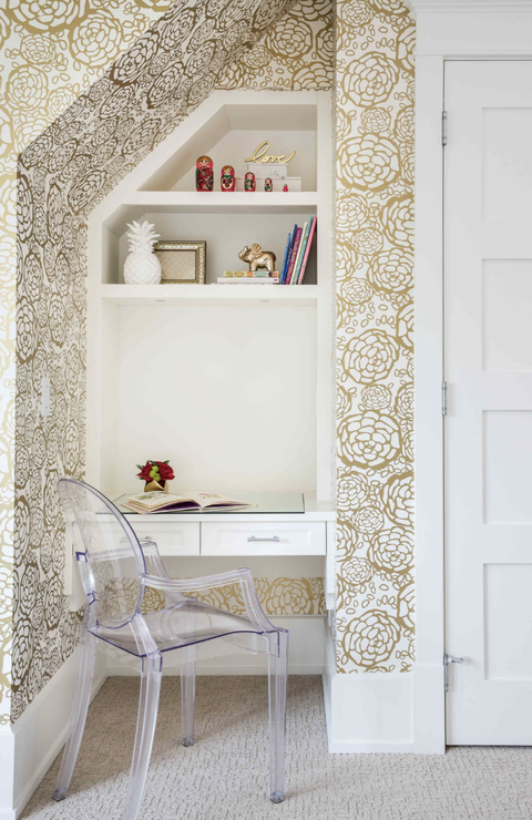 bedroom ideas, office corner in the room with a clear chair, white shelves and neutral patterned wallpaper