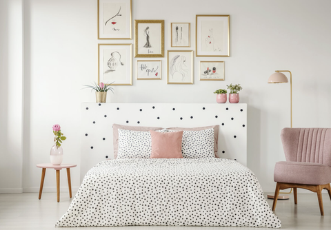 bedroom ideas, polka dot bed frame in a white bedroom with pink furniture