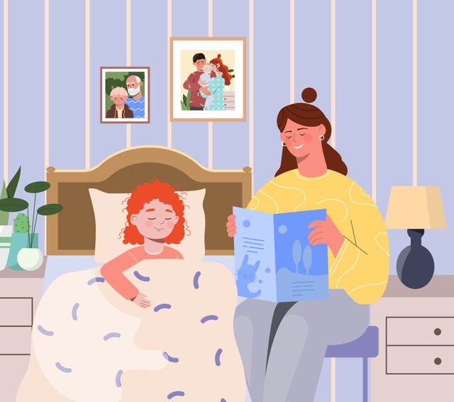 mother is reading a bedtime story to put her little daughter to bed baby girl sleeping after reading a book young mom tells story in bedroom flat cartoon vector illustration