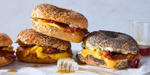 bagel sandwich with bacon, egg, cheese and sour cream