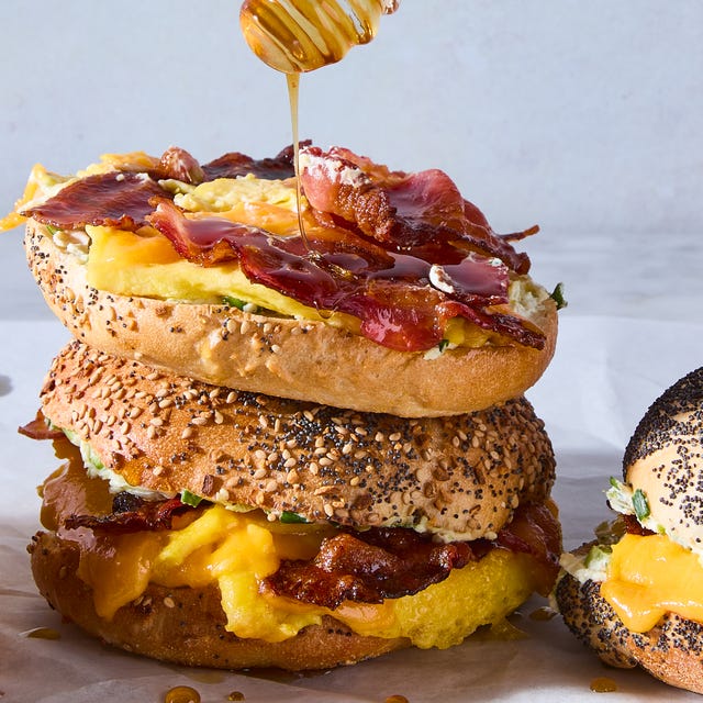 Bee Sting Bagel Breakfast Sandwich bagel sandwich with bacon, egg, cheese and sour cream