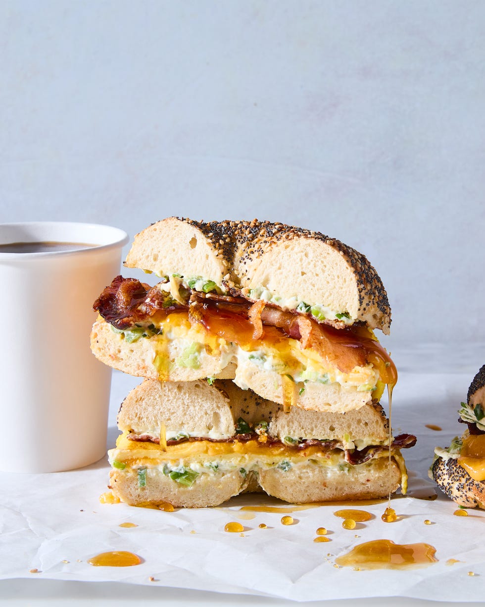 bagel sandwich with bacon, egg, cheese and sour cream