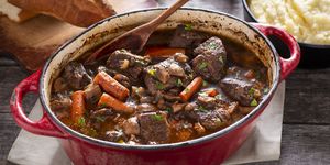 beef bourguignon in a red dutch oven