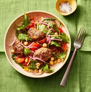 beef kofte with kale and chickpea salad