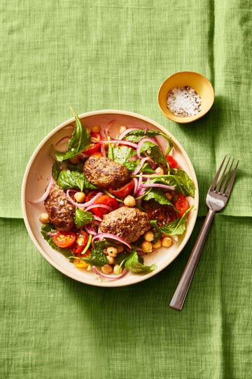 beef kofte with kale and chickpea salad