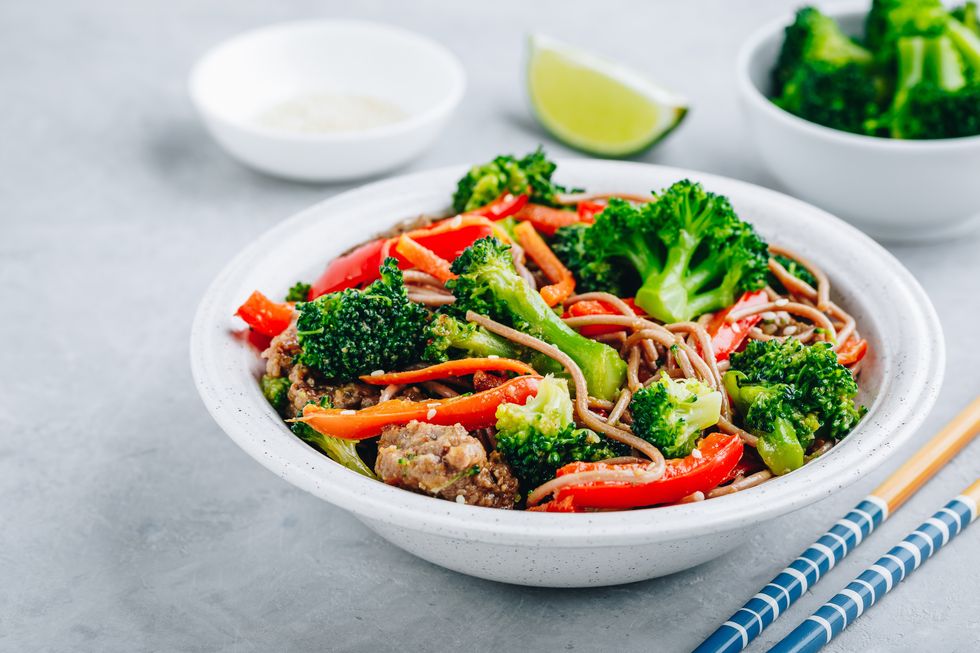 Beef Noodle Stir Fry with broccoli, carrots and red bell peppers