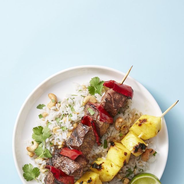 beef and pineapple kebabs with cashew rice