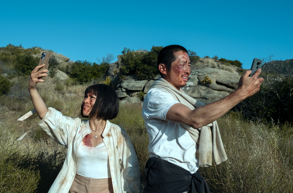 ali wong as amy, steven yeun as danny in episode 110 of beef