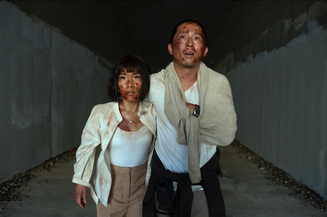 ali wong as amy, steven yeun as danny in episode 110 of beef