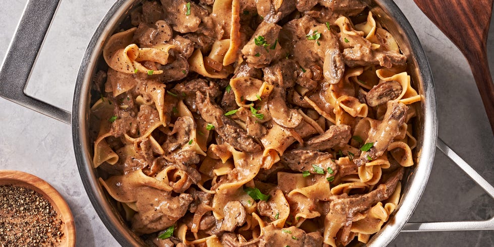 creamy beef and mushroom mixture with egg noodles