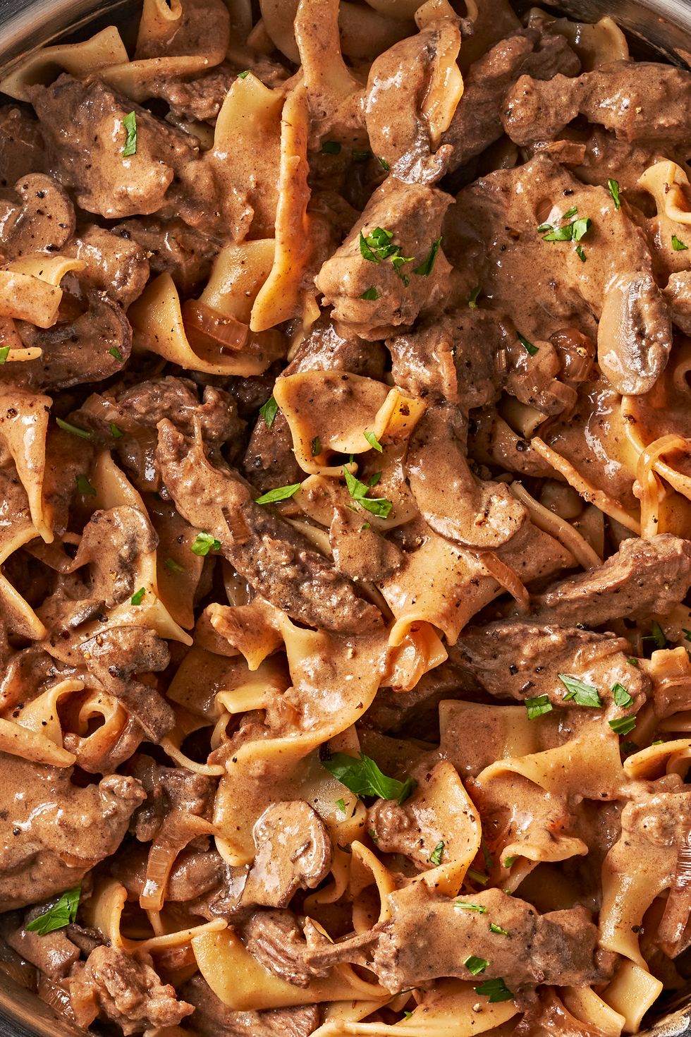 creamy beef and mushroom mixture with egg noodles