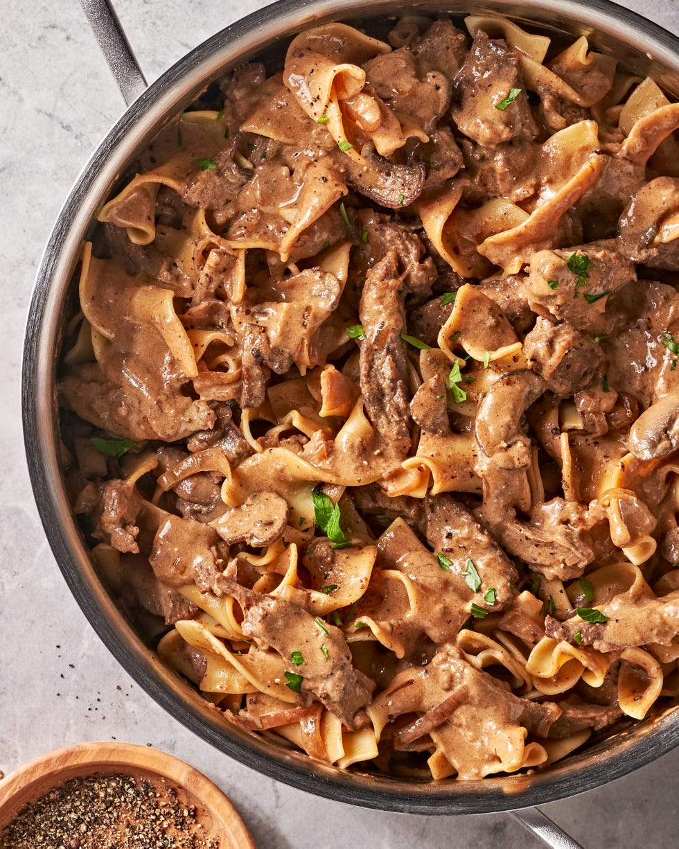 creamy beef and mushroom mixture with egg noodles