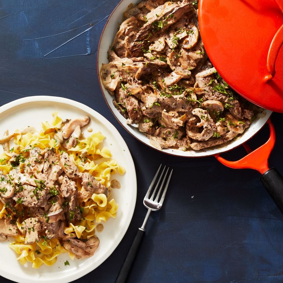 a dutch oven of beef stroganoff