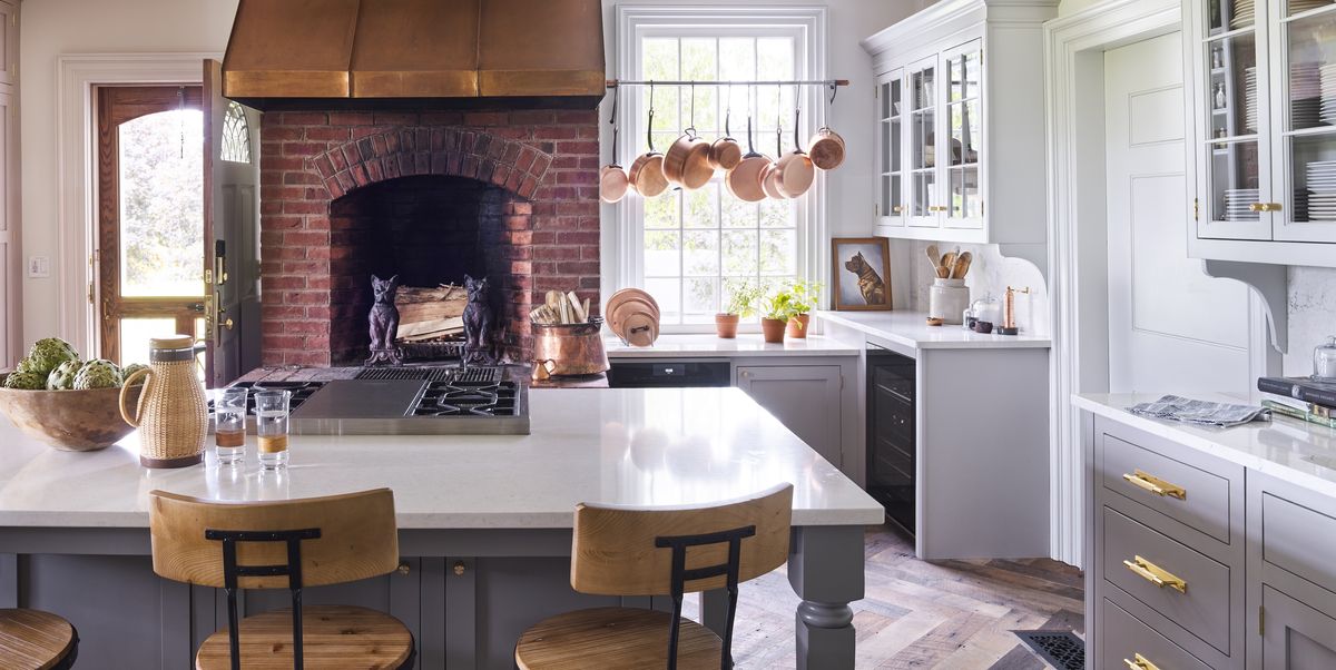white and gray kitchen, copper hood, fireplace, beekman 1802