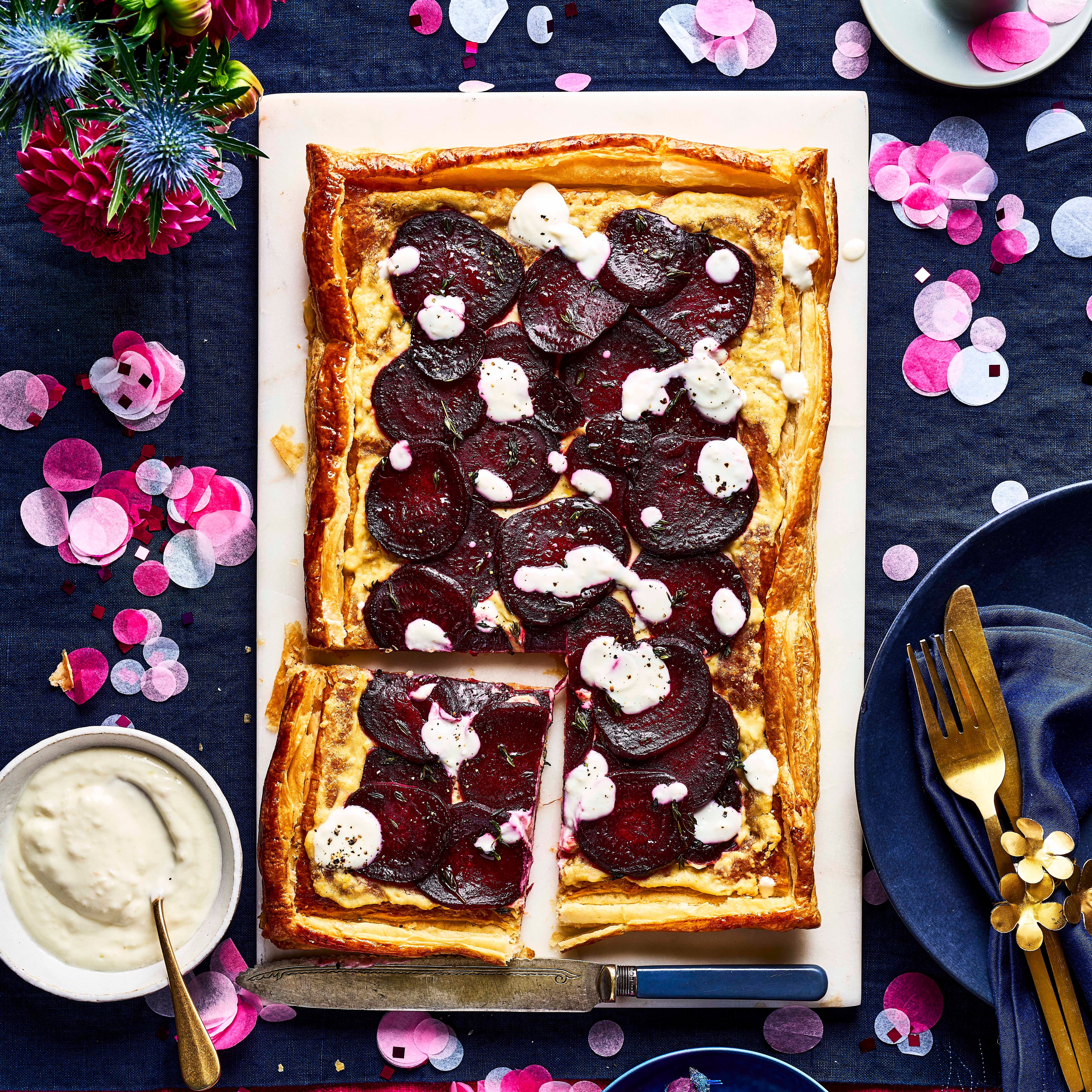 beetroot and hummus tart with horseradish drizzle