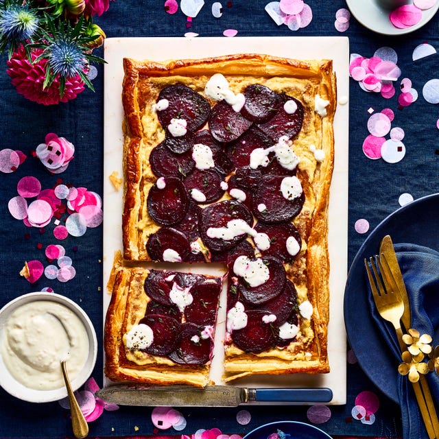 beetroot and hummus tart with horseradish drizzle