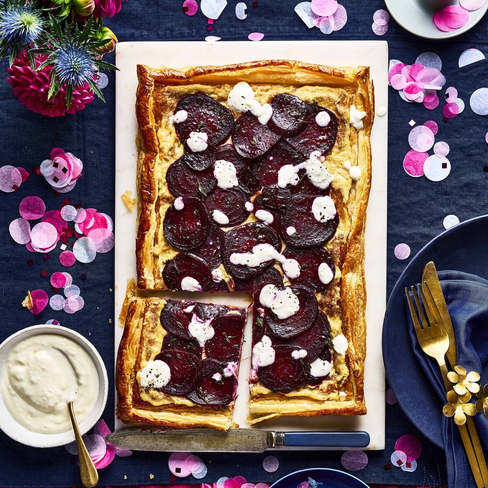 beetroot and hummus tart with horseradish drizzle