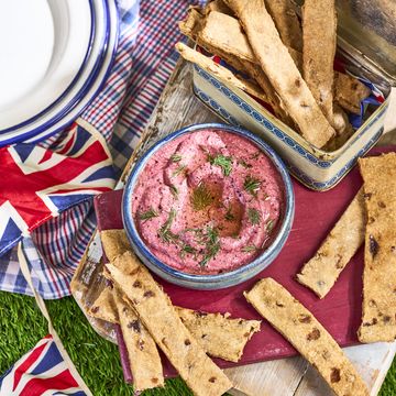 whipped beetroot feta dip with caramelised onion crackers