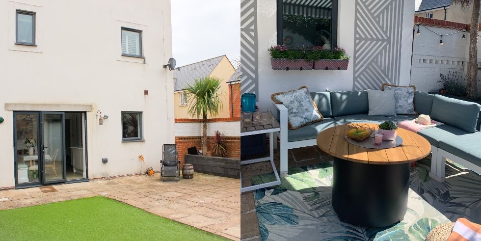 before  after woman transforms garden into a stylish outdoor cinema