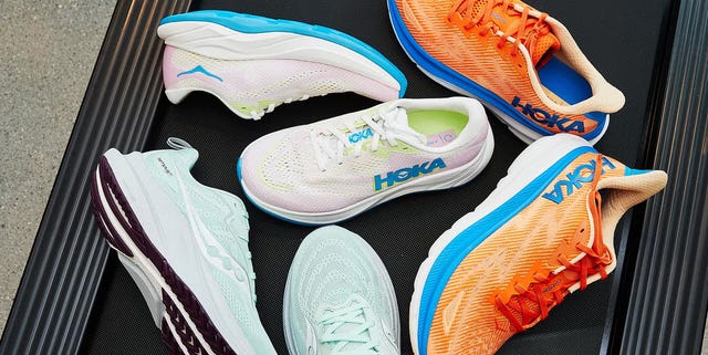 three different running shoes on a treadmill