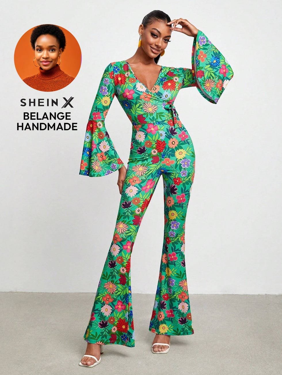 model showcasing a colorful floral jumpsuit with flared sleeves