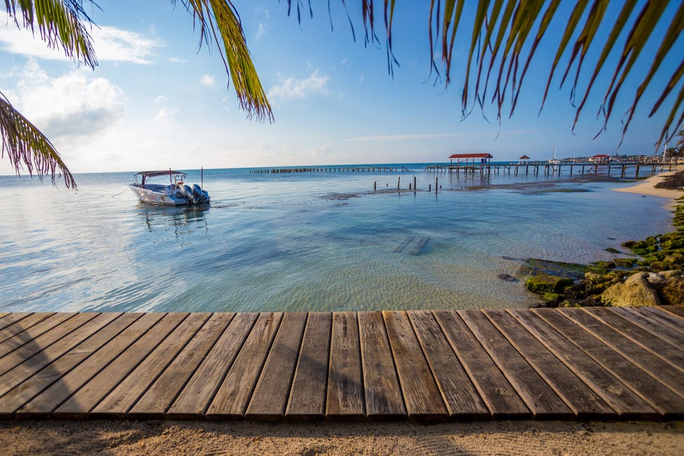 a scenic beach view showing a wooden boardwalk at the waters edge, framed by palm leaves the crystal clear water against a bright blue sky a pier damaged by a recent hurricane can also be seen in the background