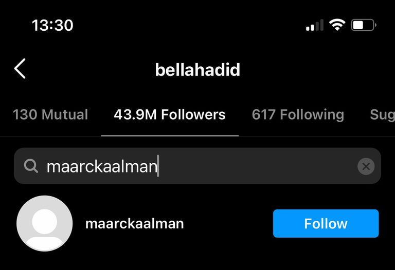 bella hadid and marc kalman follow each other