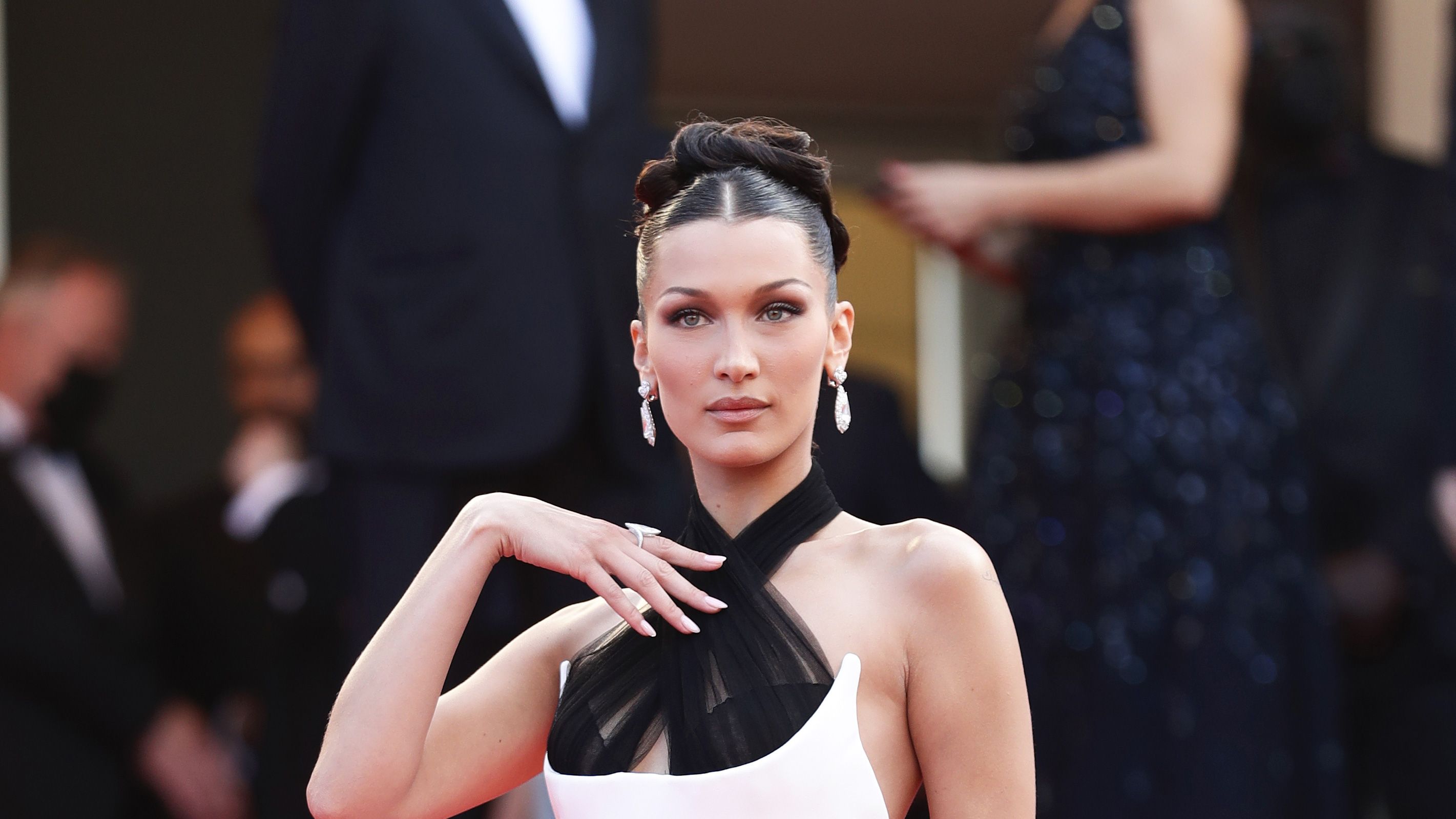 Bella Hadid Wears a Black and White Column Gown at Cannes Film
