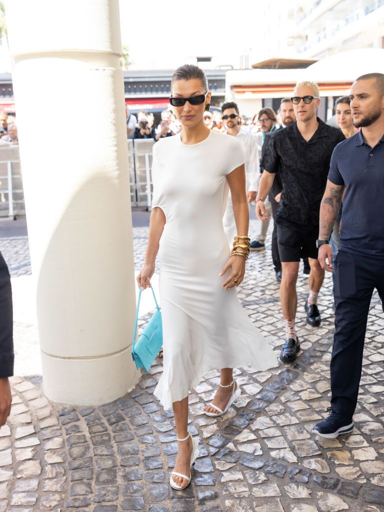 Bella Hadid Wears Asymmetrical Open Back Dress in Cannes