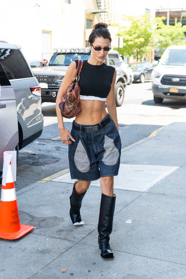 See Bella Hadid's Layered Crop Tops and Low-Rise Shorts