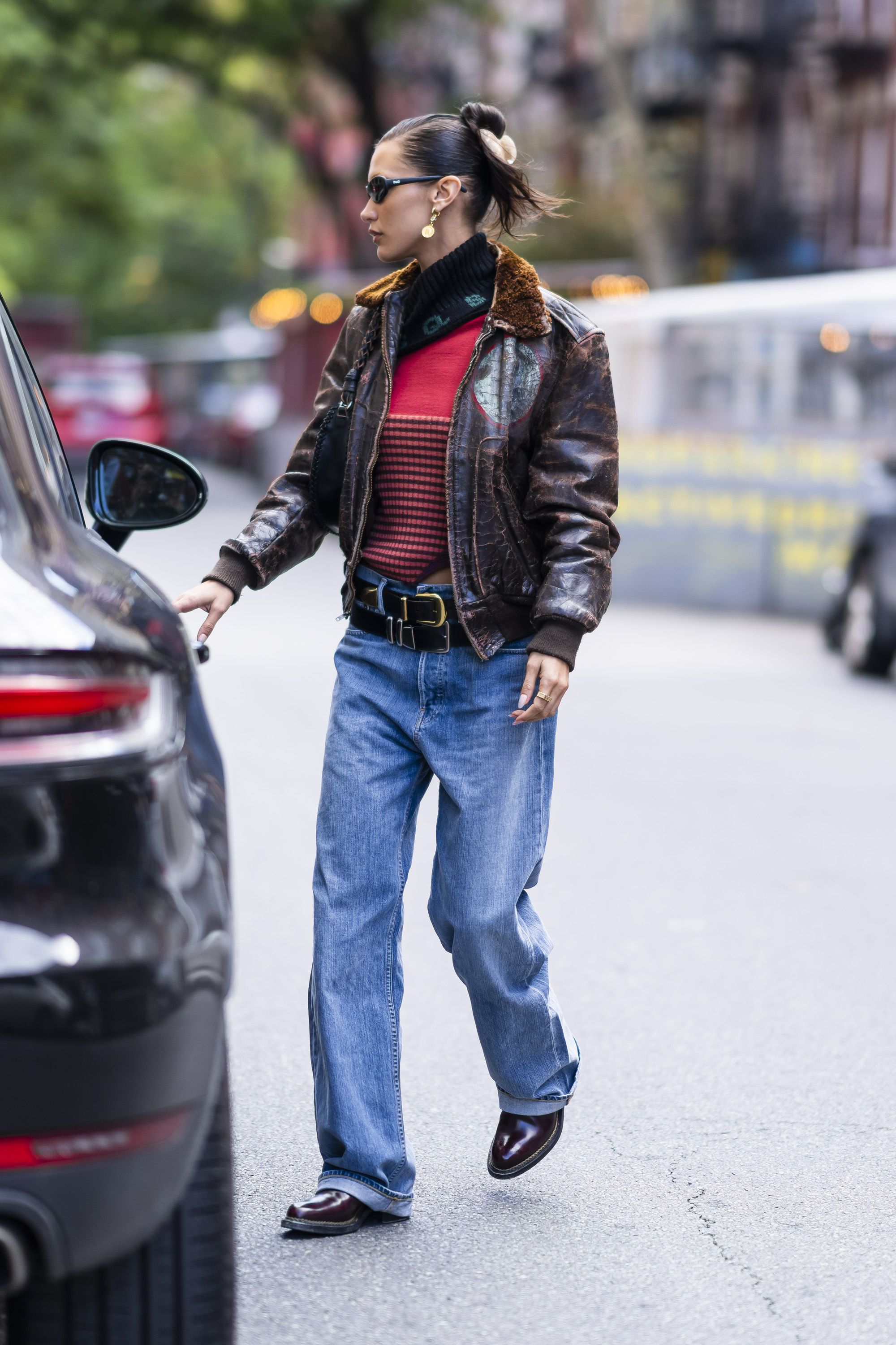 Bella Hadid Adds Y2K Spin to Fall Style in Denim Skirt & Leather