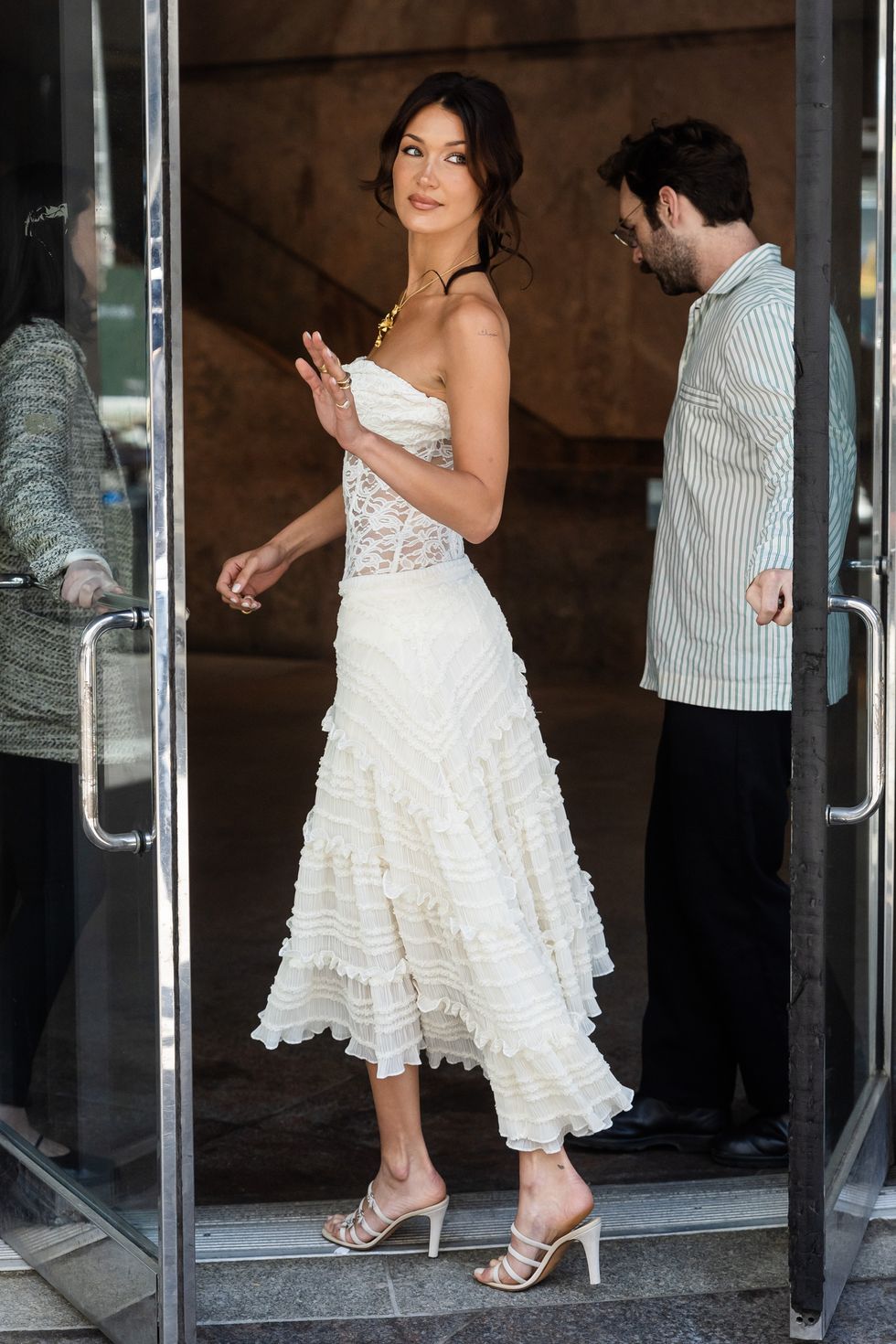 Bella Hadid in stunning Rokh white strapless dress 