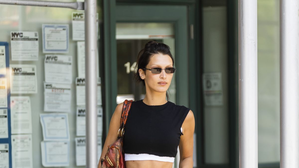 See Bella Hadid's Layered Crop Tops and Low-Rise Shorts