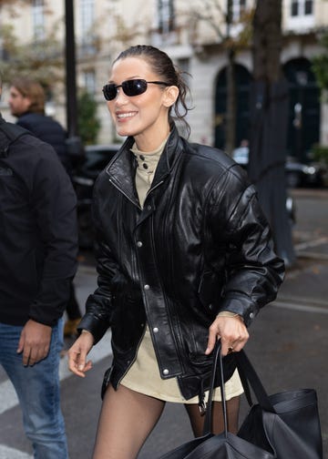 bella hadid triple leather bomber jacket paris