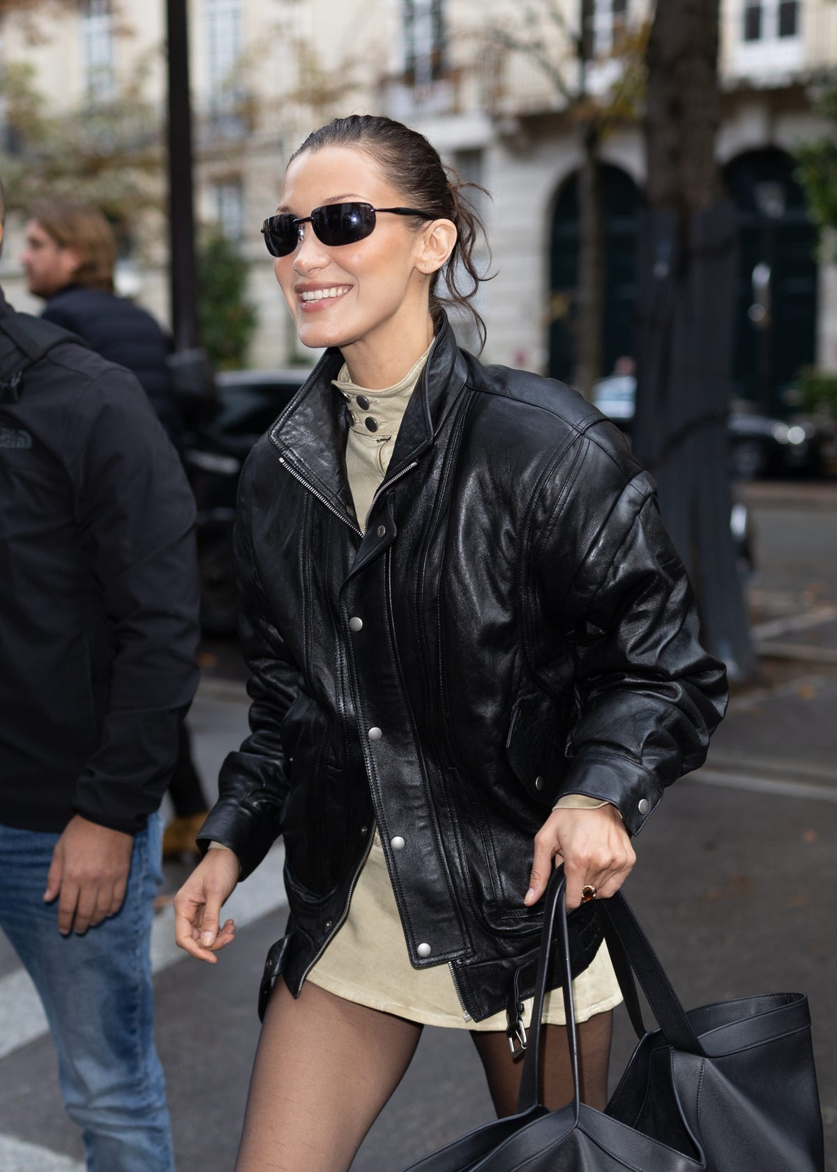 Bella Hadid Wears Triple Leather Look And Bomber Jacket In Paris