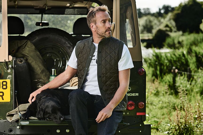 Ben Fogle and dog in Land Rover Defender - Barbour