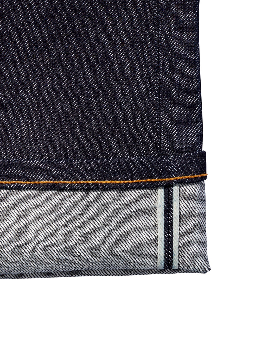 Denim fabric with a folded hem showcasing twotone stitching