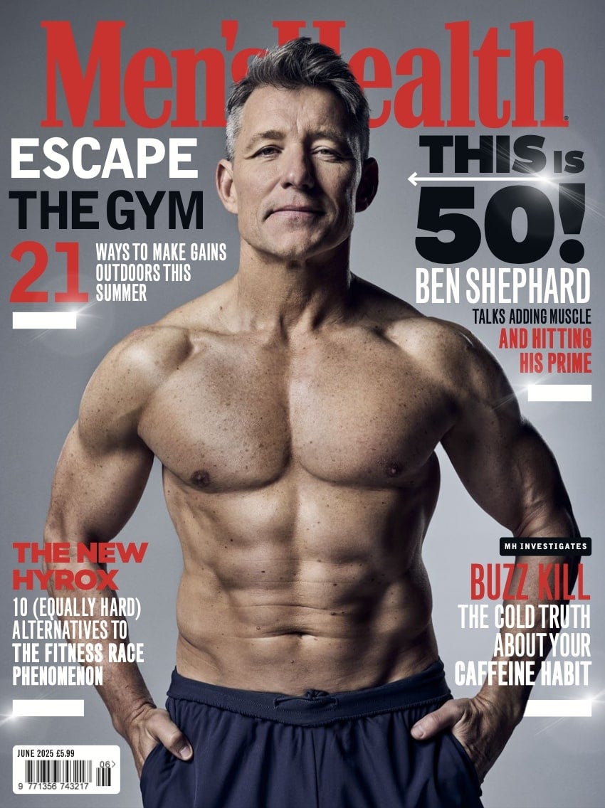 Portada de la revista Men's Health con artículos musculosos y de fitness