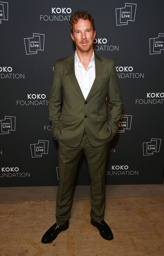 benedict cumberbatch dressed in an olive suit at the koko foundation event in london