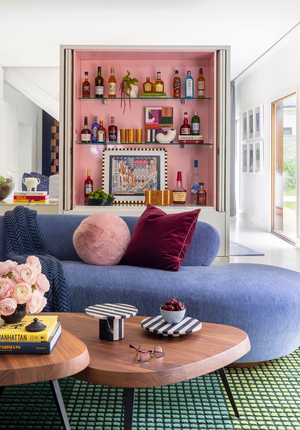 living room with home bar in pink