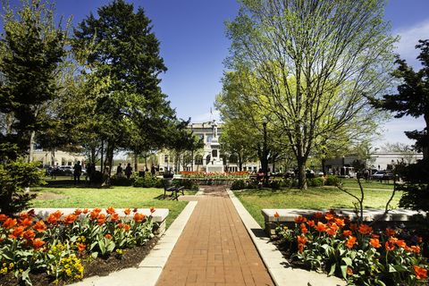 bentonville square in spring with flowers