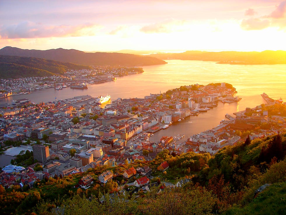 bergen, fjords gateway panorama, dramatic sunset, norway, nordic countries