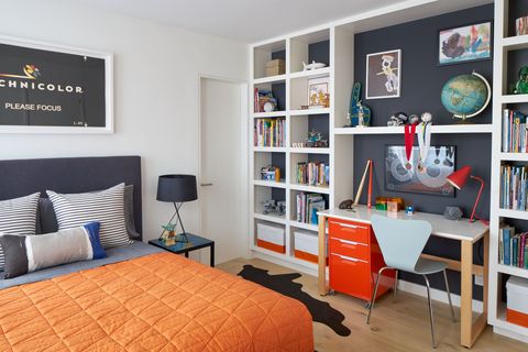 Room, Shelf, Furniture, Shelving, Interior design, Bookcase, Property, Living room, Orange, Wall, 