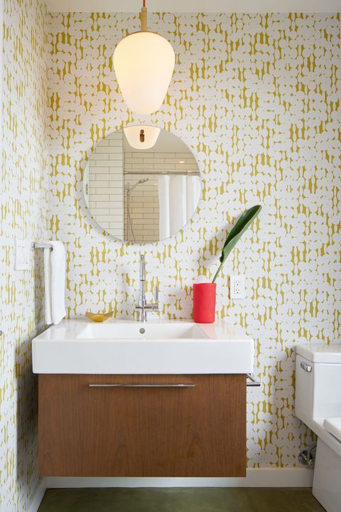 Wallpaper, Wall, Room, Tile, Interior design, Bathroom, Property, Yellow, Floor, Furniture, 