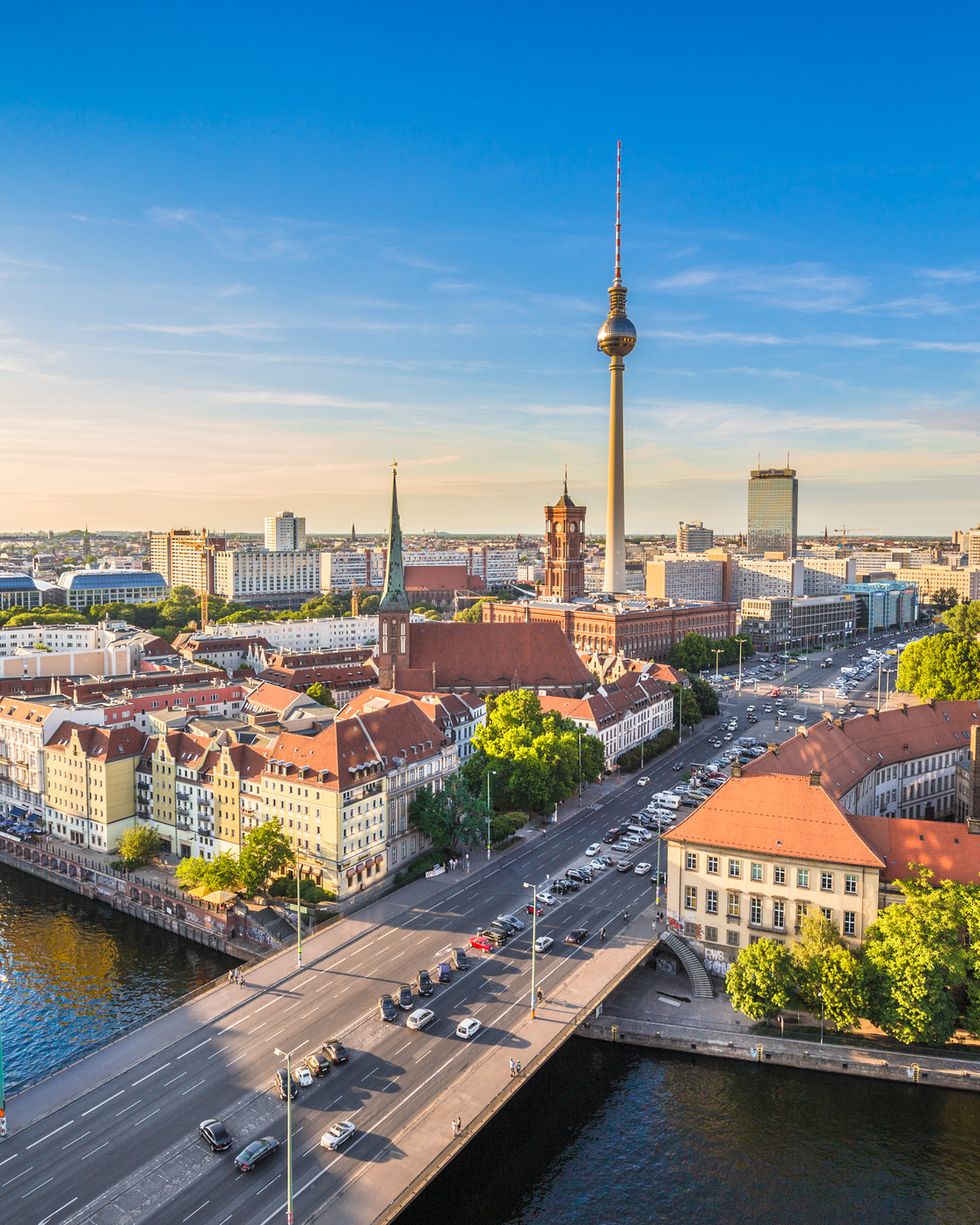 berlin skyline with spree river at sunset, germany