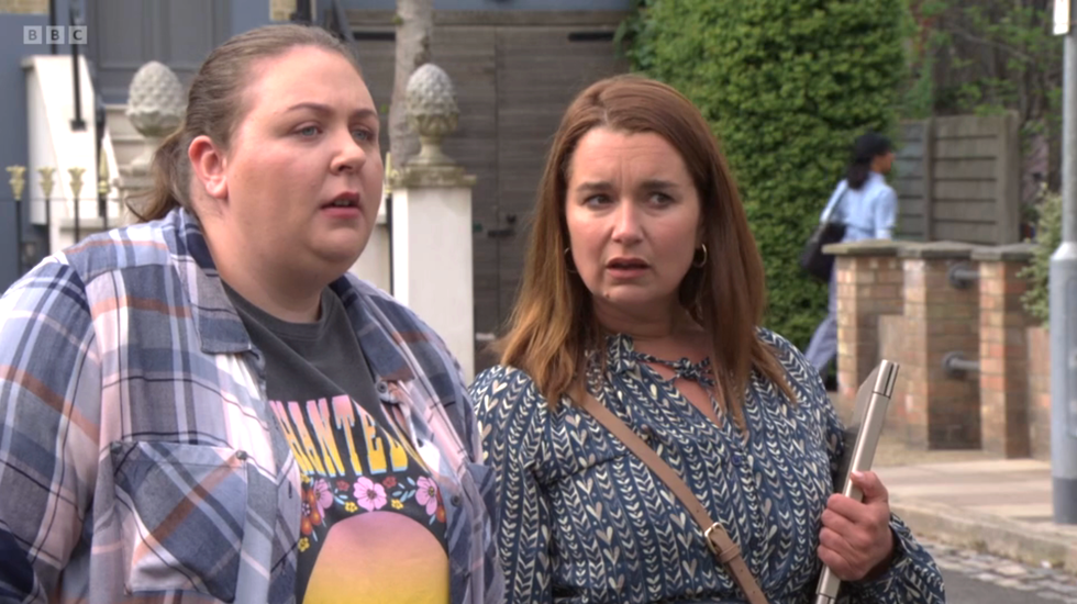 bernie taylor and vicki fowler have a conversation and look ahead, eastenders