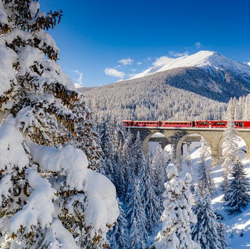 clear sky on bernina express train crossing the forest covered with snow, chapella, graubunden canton, engadine, switzerland